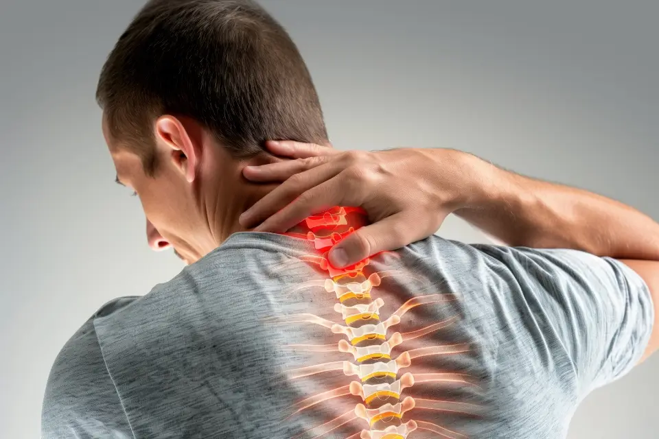 man experiencing neck pain with visible spinal column illustration2